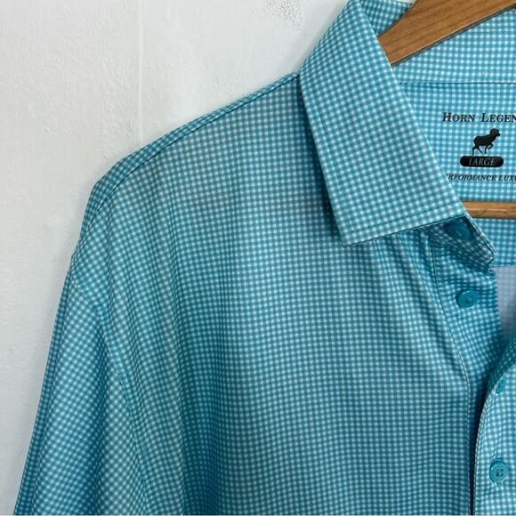 Horn Legend Performance Luxury Blue White Gingham Polo Embroidered Sleeve Shirt - Picture 4 of 11